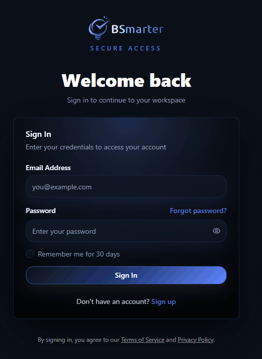 BSMARTER login form with email, password, remember me, and sign in controls.