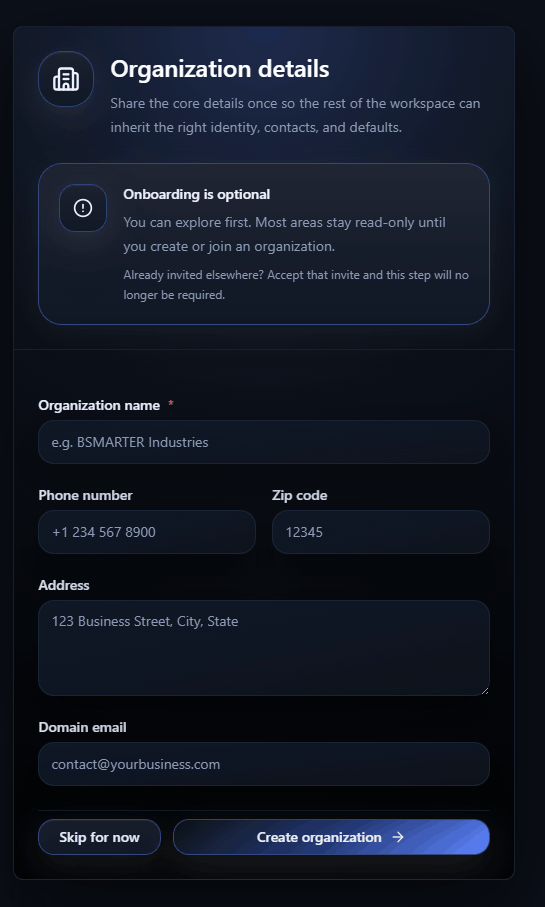 BSMARTER onboarding form for entering organization name, phone number, zip code, address, and domain email.