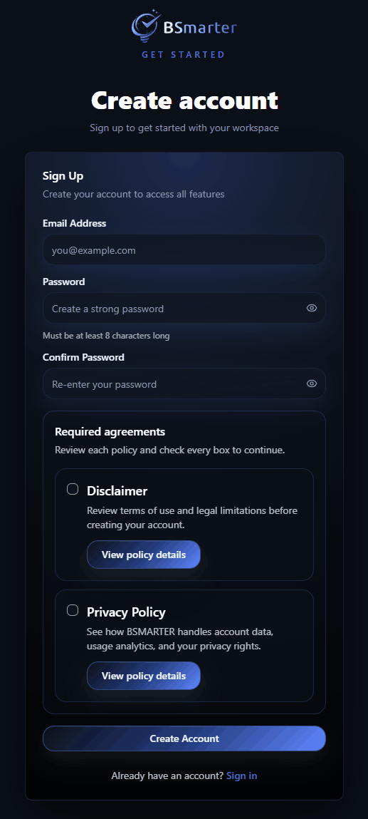 BSMARTER signup form with email, password, confirm password, and required agreement sections.